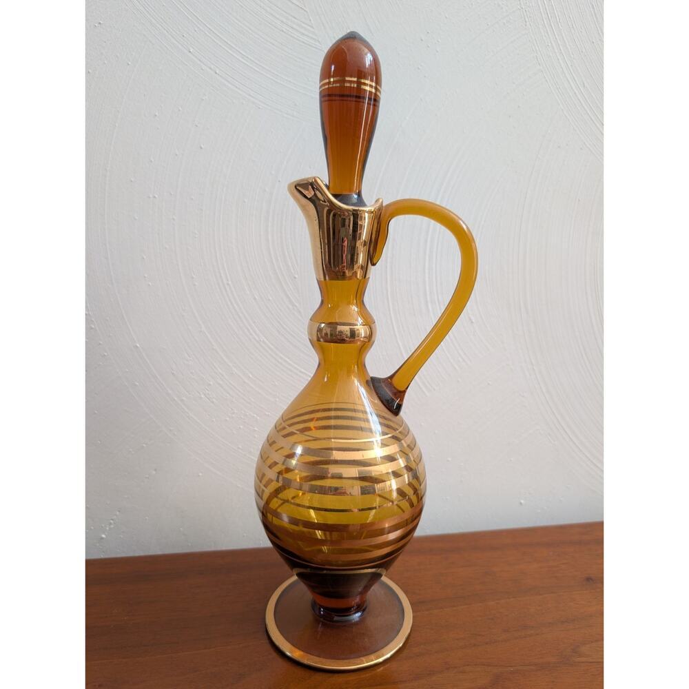Amber Glass Decanter With Gold Trim Mid Century Modern Barware